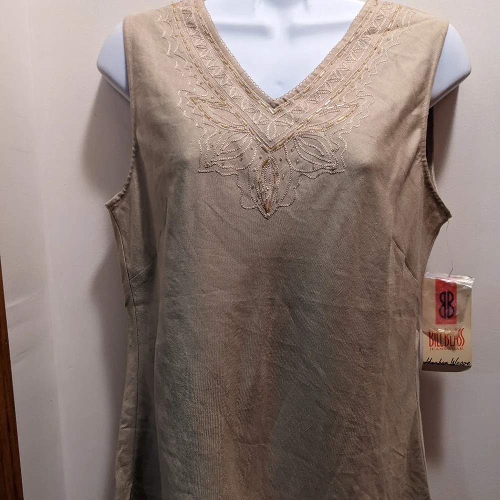 Bill Blass medium taupe beaded v neck linen blend sleeveless blouse NWT - Picture 1 of 7